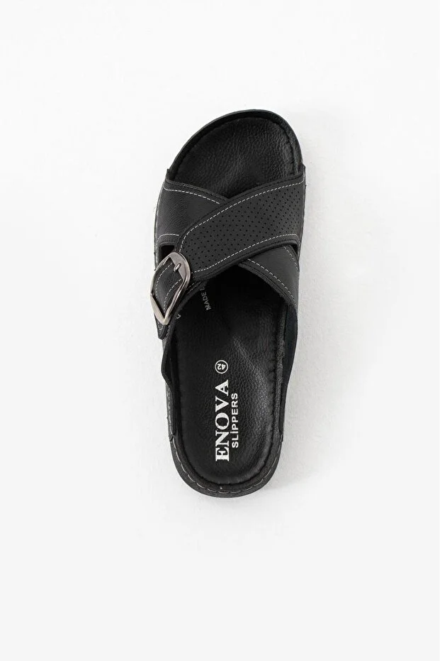 Erkek Deri(SUNİ) Ortopedik Rahat Taban Ayarlanabilen Tokalı Dikişli Şık Dışarı Içeri Erkek Terliği