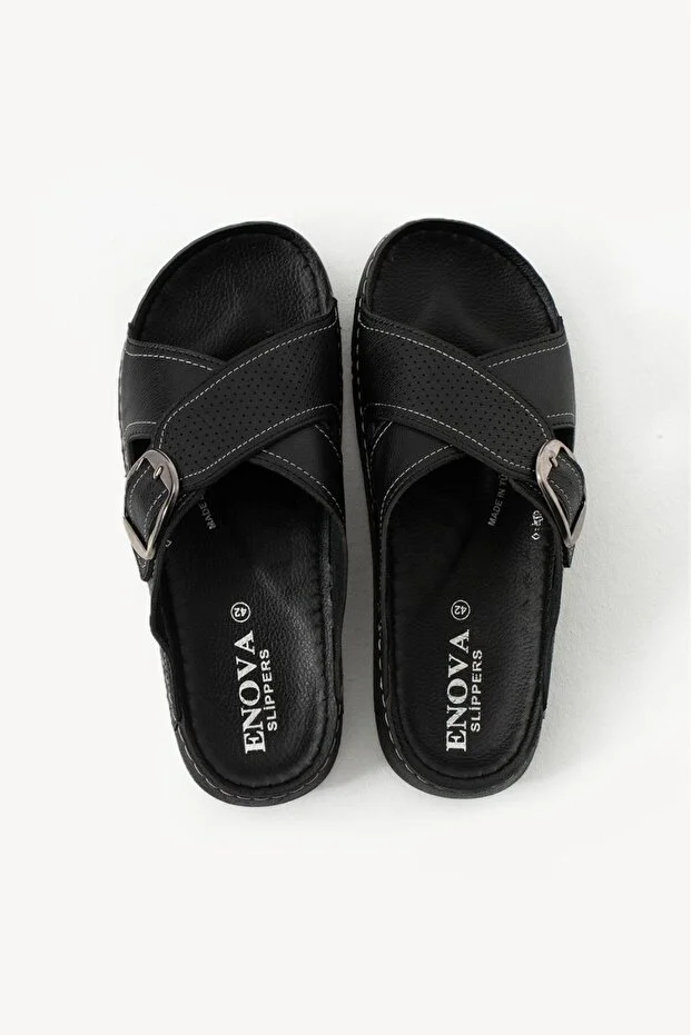 Erkek Deri(SUNİ) Ortopedik Rahat Taban Ayarlanabilen Tokalı Dikişli Şık Dışarı Içeri Erkek Terliği