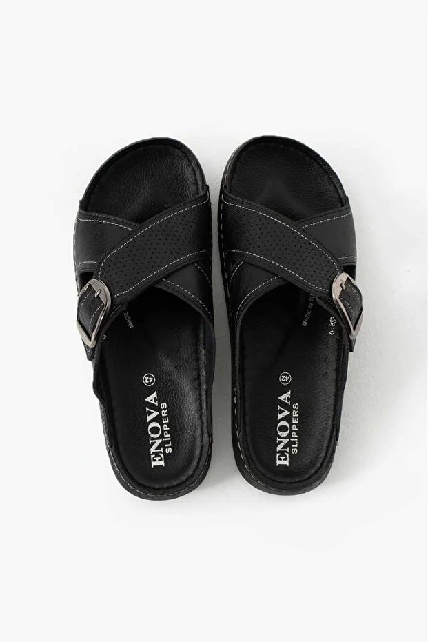 Erkek Deri(SUNİ) Ortopedik Rahat Taban Ayarlanabilen Tokalı Dikişli Şık Dışarı Içeri Erkek Terliği