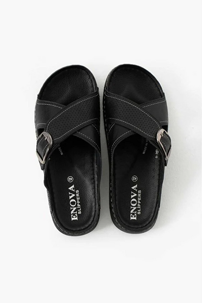 Erkek Deri(SUNİ) Ortopedik Rahat Taban Ayarlanabilen Tokalı Dikişli Şık Dışarı Içeri Erkek Terliği