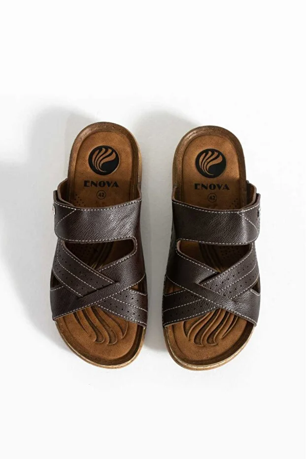 Erkek Deri (SUNİ) Ortopedik Cırtlı Ayarlanabilen Dikişli Rahat Şık Dışarı Içeri Erkek Terliği