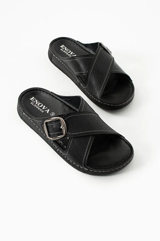 Erkek Deri(SUNİ) Ortopedik Rahat Taban Ayarlanabilen Tokalı Dikişli Şık Dışarı Içeri Erkek Terliği