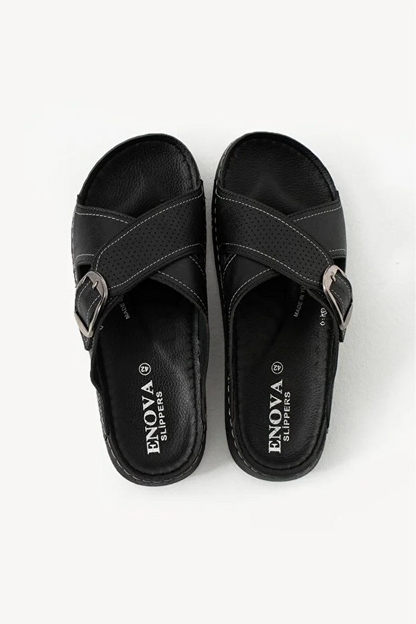 Erkek Deri(SUNİ) Ortopedik Rahat Taban Ayarlanabilen Tokalı Dikişli Şık Dışarı Içeri Erkek Terliği