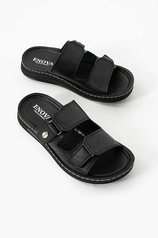 Erkek Deri (SUNİ) Ortopedik Rahat Taban Cırtlı Ayarlanabilen Dikişli Şık Dışarı Içeri Erkek Terliği