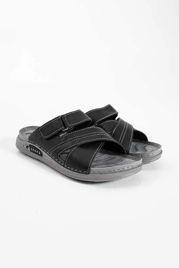 Erkek Deri (SUNİ) Ortopedik Cırtlı Ayarlanabilen Dikişli Rahat Şık Dışarı Içeri Erkek Terliği